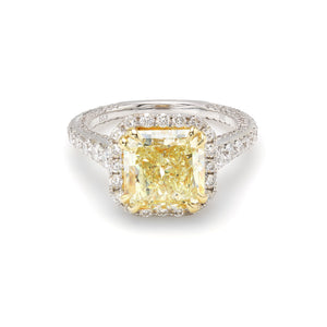 GIA Fancy Yellow 3.88ct Radiant Diamond in Halo Setting