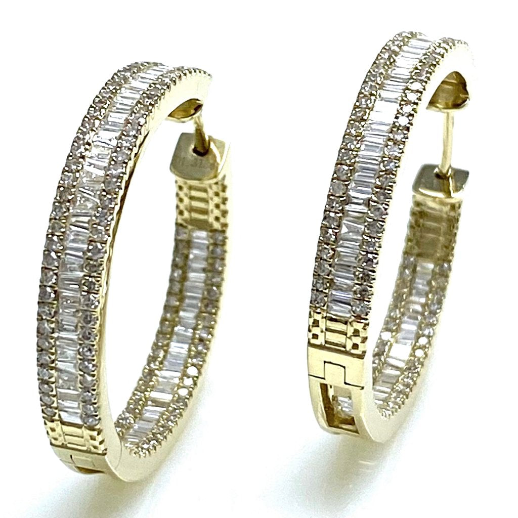 14kt Yellow Gold Round and Tapered Baguette Hoops Earrings